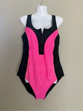 VTG Rainbow Black and Hot Pink Front Zip One Piece Swimsuit
